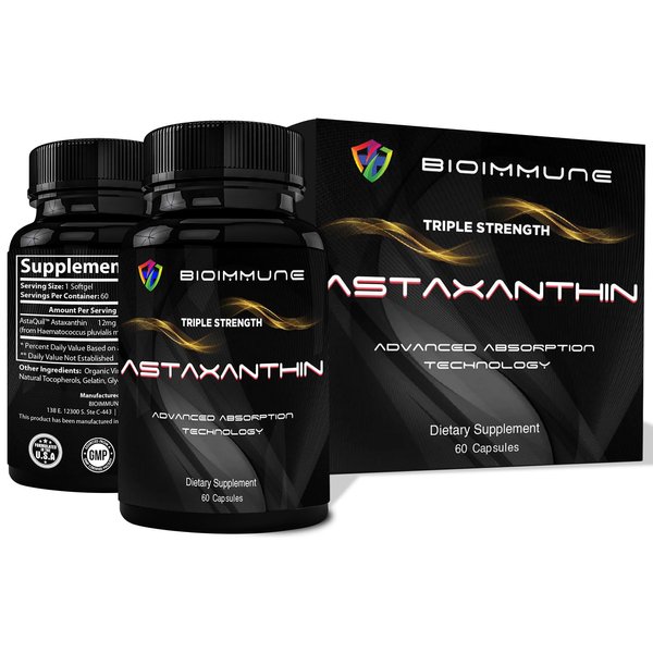 BioImmune Triple Strength AstaQuil™ Astaxanthin 12mg Enhanced Absorption, 60 Softgels w/Organic Coconut Oil. Powerful Antioxidant for Eye, Joint & Heart Health.