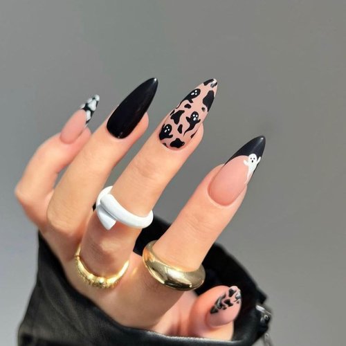 24 Pcs Halloween Press on Nails Medium Almond - MINGCHUN Black Matte Fake Nails Press ons Nail Art Tips Ghost Design Full Cover Acrylic False Nails on Nail on Nails for Women and Girl