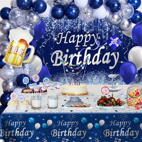 Navy Blue Birthday Decorations, Happy Birthday Decorations for Men Women- Blue Photography Backdrop & Tablecloth Balloons Arch Kit Banner Birthday Party Supplies Bday Decor with Table Cover