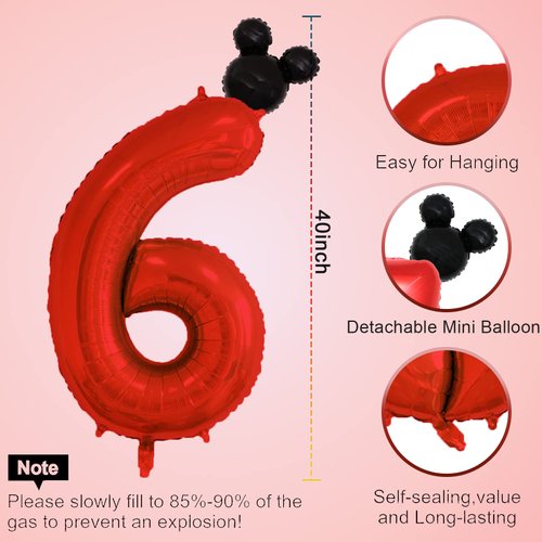40 inch Red Number 6 Balloon & Mini Mouse Head Balloon, 6th Birthday Party Decoration Balloons, Cartoon Mouse Birthday Party Supplies Baby Shower Decoration, Red Black Theme Party Decorations Supplies
