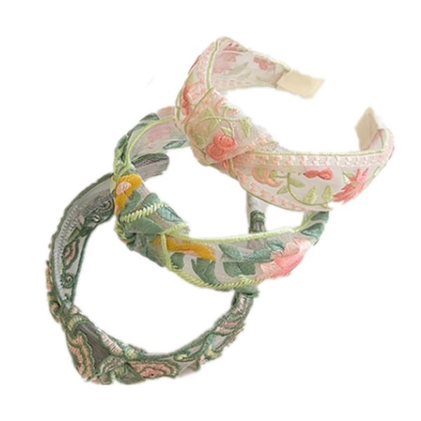YOEMAYUNER Headbands Floral Boho Headbands for Women,Stylish Headbands for Women Embroidery Hairband Wide Headbands Non Slip Wide Knotted Headbands,3PCs(Lightpink+Colorful+Green B, 5inch Diameter)