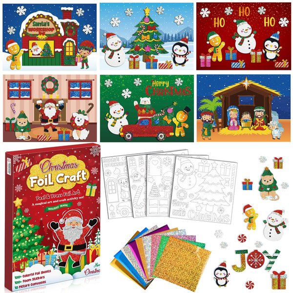 Pasimy Christmas Craft Foil Art Kit Xmas Foil Art Craft Holiday Crafts Stocking Stuffers Foil Art and Craft Activity Kits Christmas Toys Gifts DIY Creative Game