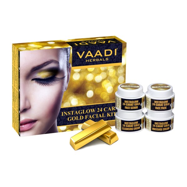 Facial Kit - Gold Facial Kit with 24 Carat Gold Leaves, Marigold & Wheatgerm Oil, Lemon Peel Extract - ★ ALL Natural - ★ Suitable for All Skin ★ Unisex ★ 70 Grams - Vaadi Herbals