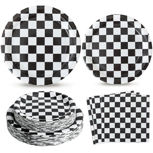 RVXHUA 150PCS Race Car Birthday Party Decorations - Black and White Checkered Plates and Napkins for 50 Guests, Disposable Tableware Supplies for Birthdays, Game Day, and Racing-Themed Parties
