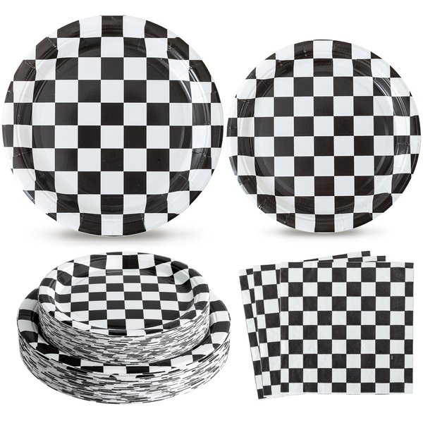 RVXHUA 150PCS Race Car Birthday Party Decorations - Black and White Checkered Plates and Napkins for 50 Guests, Disposable Tableware Supplies for Birthdays, Game Day, and Racing-Themed Parties