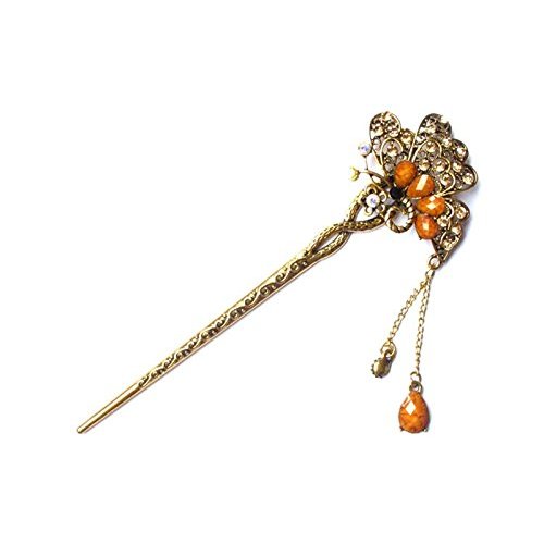 Vintage Chinese Women's Crystal Flower and Butterfly Brown and Gold Hair Stick, Bridal Hair, Wedding Hair, Bride Hair Jewelry