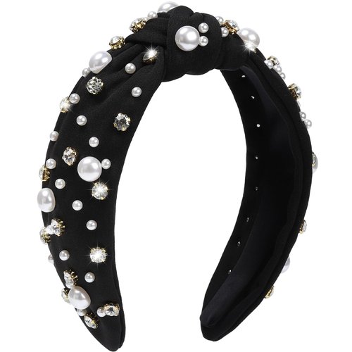 WantGor Pearl Knotted Headband, Women Rhinestone Embellished Hairband Elegant Wide Top Knot Bride Headbands Headpieces Party Fashion Elegant Ladies Hair Band Hair Hoop Accessories (Black)