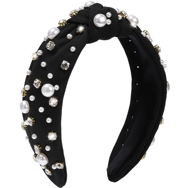 WantGor Pearl Knotted Headband, Women Rhinestone Embellished Hairband Elegant Wide Top Knot Bride Headbands Headpieces Party Fashion Elegant Ladies Hair Band Hair Hoop Accessories (Black)