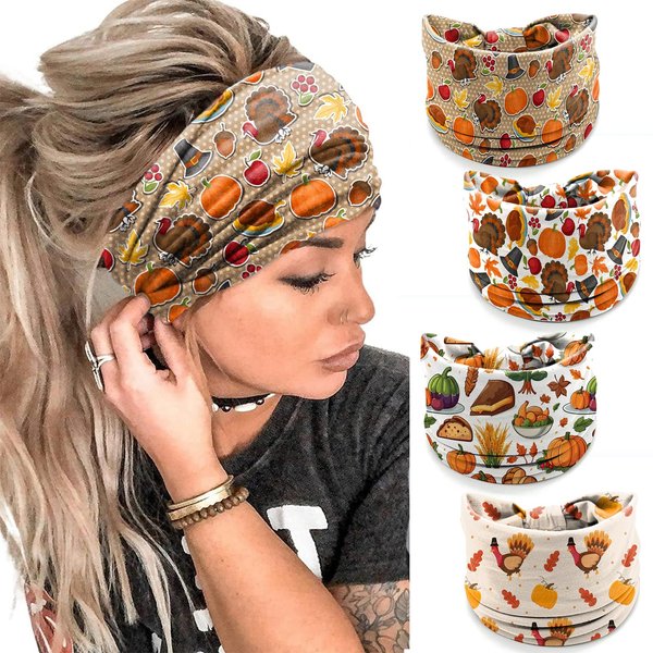 IDDFEVE 4Pcs Thanksgiving Day Headbands for Women - Turkey Fall Leaves Holiday Hair Bands, Autumn Festive Gift Hair Accessories (Turkey Dinner)