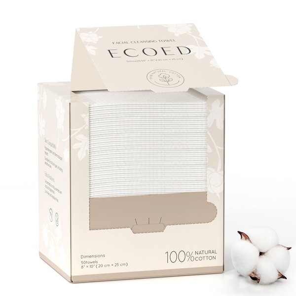 ECOED Disposable Clean Towels,100% Soft Cotton, Super Soft&Thick,Disposable Clinically Tested Face Towelette, Makeup Remover Dry Wipes,Disposable Face Towel for Sensitive Skin，1PC-50 Count/Box
