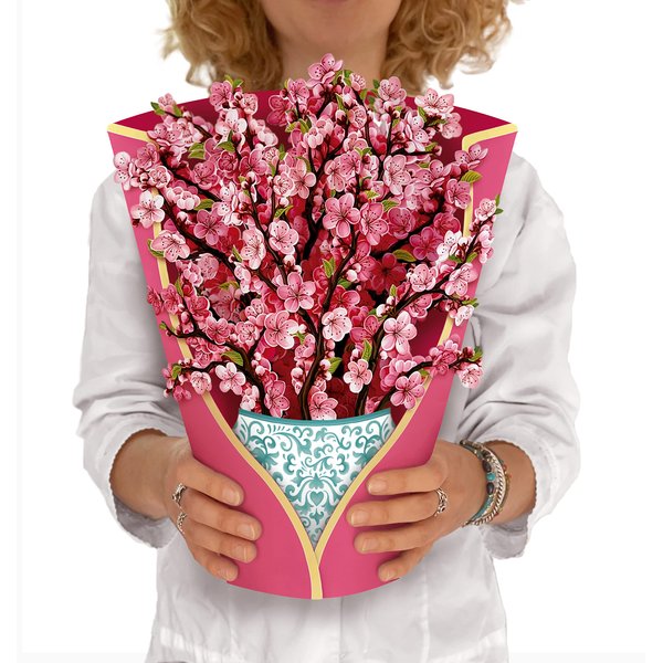 Freshcut Paper Pop Up Cards, Cherry Blossoms, 12 Inch Life Sized Forever Flower Bouquet 3D Popup Greeting Cards, Birthday Gift Cards, Best Friend Gift with Note Card and Envelope