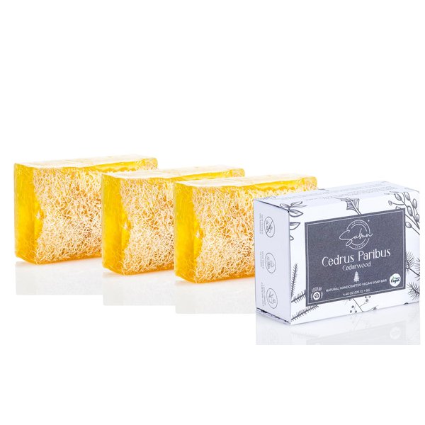 SABUN CO. [3 Pack] Cedarwood Oil with Loofah Soap Bar - Natural Exfoliating Bar Nourishing, Hydrating, Moisturizing Handmade Soap For Face and Body [4.4 oz - 125 gr x 3]