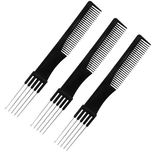 Waldd 3 Packs Teasing Comb with Metal Pick Combs for Women Hair Pick Comb for Hairstylist (3pcs black)