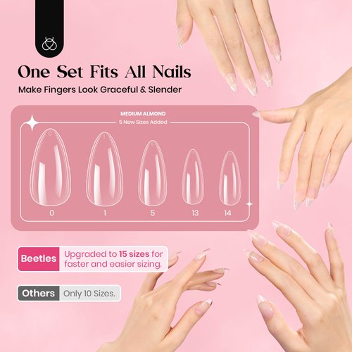 Beetles Gel Nail Kit, 300Pcs Almond Medium Nail Tips with Solid Nail Gel Glue,15 Sizes Soft Clear Nail Tips with Base Coat, Handheld Nail Lamp, Easy Nail Extension Set DIY Manicure Art Gift for Girls