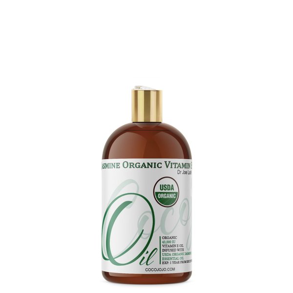 Organic Vitamin E Oil and Jasmine Essential Oil Infused Blend - Organic Natural 43,000 IU Vegan Gentle Multi-Use Skin Hair Face Body Cuticle Moisture Daily Use - 4 oz, Packaging May Vary