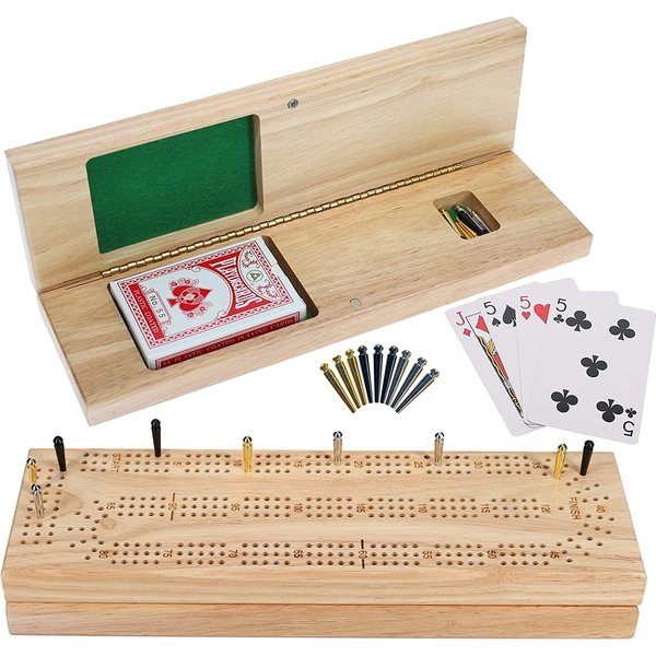 WE Games Wooden Cribbage Board Game Set, Continuous 3 Track for 2-3 Players, Travel Cribbage Board with Card Storage, Includes 9 Metal Pegs & Deck of Cards, Card Games, Classic Board Games for Adults