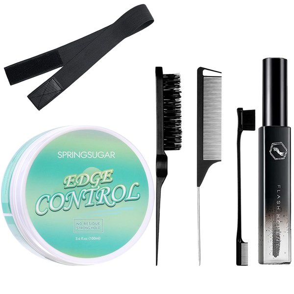 6 Pcs Edge Control Kit for Women's Hair - Strong Hold Smoother Gel, Hair Styling Products, 4c Hair Edge Finishing Stick, Hair Combs & Elastic Band