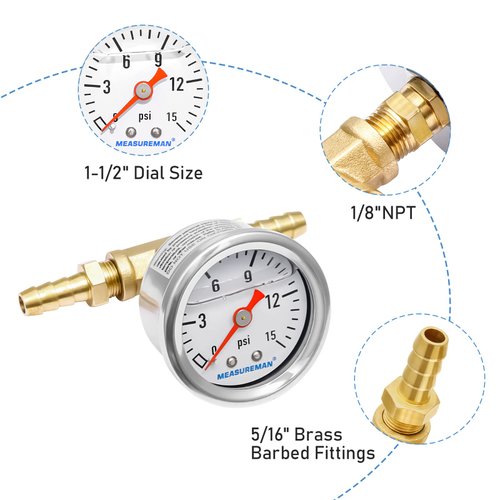 MEASUREMAN Fuel Pressure Gauge Kit 0-15Psi Stainless Steel Glycerin Filled, 1-1/2" Dial Size, with 5/16" Fuel Line Fuel Pressure Brass T-Fitting Adapter, Center Back Mount