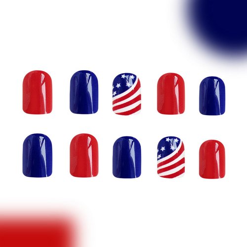 4th of July Press on Nails Red Glossy False Nails Short Square Fake Nails Star and Swirl Design Acrylic Nails Reusable Fake Nails Fully Cover Stick on Nails for Women Girls Art Nail Decorations