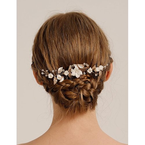 Teyglen Bride Flower Wedding Hair Comb Handmade Gold Leaf Flower Headpiece for Bride Flower Bridal Crystal Hair Comb Hair Jewelry for Women Wedding Party