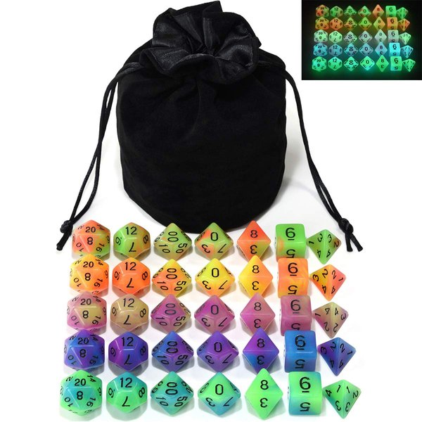 IvyFieldDice Double Color Glow in The Dark Dice Set 35 Pieces Polyhedral Dice for RPG DND MTG Games Include Black Velvet Pouch