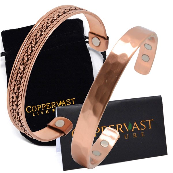 Coppervast Copper Bracelets- for Men and Women| Set of 2 with Gift Box| Gift for Women & Men| Handmade 100% Copper (Hammered and Chain Inlay)