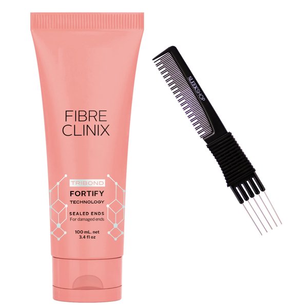 Sleekshop Comb + Schwarzkapf FIBRE CLINIX Fortify SEALED ENDS For Damaged Ends, Tribond Technology for Hair Repair Rescue Sealed Ends (w/ Sleek Premium Carbon Teasing Comb) Fiber Clinic Hair (SEALED ENDS - 3.4 oz (PACK OF 1))