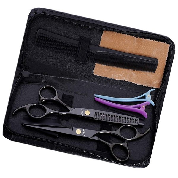 Professional Hair Cutting Scissors Shears Barber Thinning Set Kit- Family Hair Cutting,Barber Hair Cutting Tool Thinning texturizing (Black 6")
