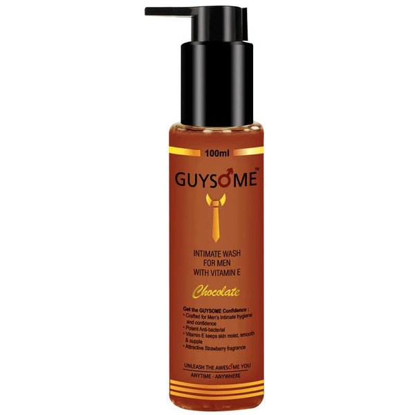 GUYSOME Intimate Wash for Men, Daily Hygiene Wash for Male Genital Area Care, pH Balance for Sensitive Skin with Vitamin E & Sea Buckthorn 3.38 FL Oz 100ML (Chocolate)