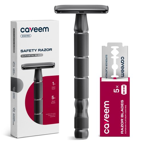 CAVEEM Double-Edge Safety Razor, Single-Blade Razors with 5 Stainless Steel Razor Blades for Men and Women, Reusable Metal Razor – Gun Metal Black