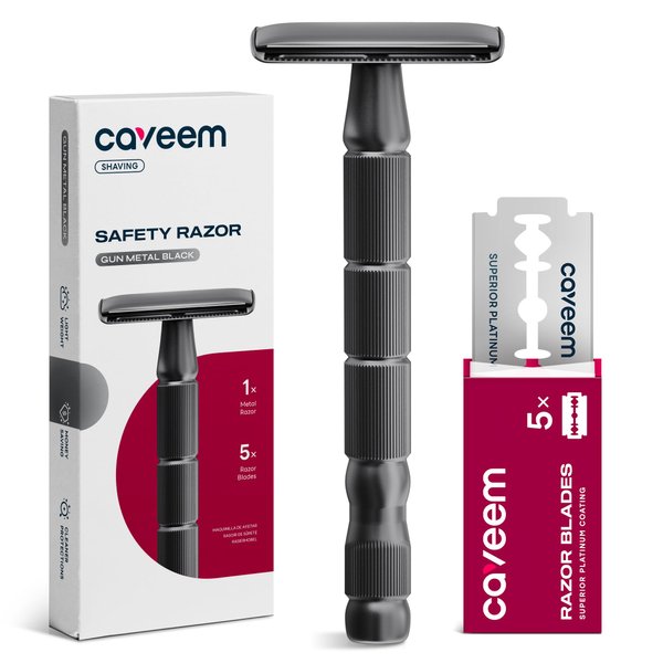 CAVEEM Double-Edge Safety Razor, Single-Blade Razors with 5 Stainless Steel Razor Blades for Men and Women, Reusable Metal Razor – Gun Metal Black