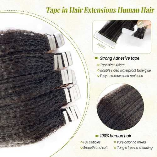 Kinky Straight Tape in Extensions, Tape in Hair Extensions Real Human Hair Black Women Kinky Straight Tape ins, 14 Inch 20Pcs Seamless Invisible Tape in Hair Extensions Double Sided Tape Hair 50G
