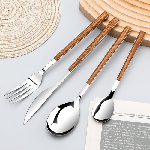 Stainless Steel Flatware Set for 4, Cutlery Utensils Set with Simulated Wooden Handle Include Knives Forks Spoons Service for 4, Mirror Polished and Dishwasher Safe (Silver)