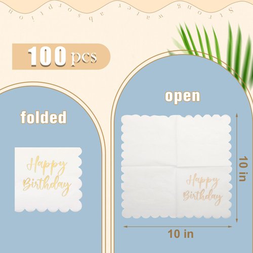 Qilery 100 Pack Happy Birthday Napkins Bulk, Scalloped Disposable Cocktail Napkins White and Gold Birthday Napkins 2 Ply Paper Napkins for Birthday Party Supplies, 5 x 5 Inch