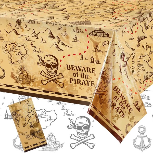 Irenare Pirate Party Tablecloth Treasure Map Tablecover Plastic Island Treasure Table Covers Pirate Nautical Party Supplies for Treasure Theme Birthday Party Decoration, 54 x 108 Inches (1 Piece)