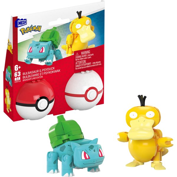 Mega Pokémon Building Toys Set Bulbasaur & Psyduck with 63 Pieces, 2 Poseable Characters and Poké Ball, 2 Inches Tall, for Kids