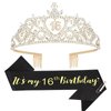Araluky Sweet 16 Birthday Decorations for Girls with Sweet 16 Sash and Tiara, Sweet 16 Party Decorations 16th Birthday Sash and Crown Set Sweet 16 Gifts for Girls-Gold