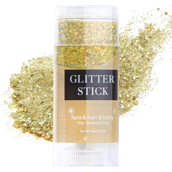 LemonSac Gold Body Glitter Stick, Singer Concerts Glitter Gel, Holographic Mermaid Sequins Chunky Glitter, Music Festival Rave Glitter Makeup for Body, Face, Hair and Lip, 0.56oz (02# Gold Glitter)