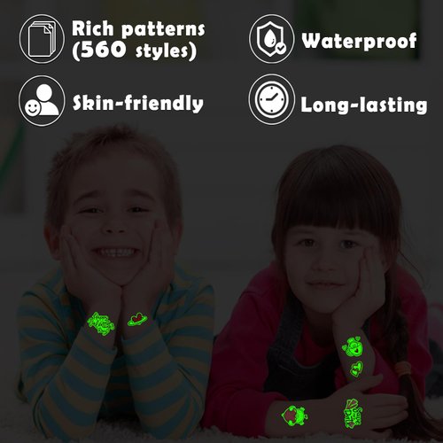 Partywind 560 Luminous Styles Valentine's Day Temporary Tattoos, 56 Sheets Glow Heart Love Tattoo Stickers for Kids Party Decorations Supplies, Valentines Goodie Bag Stuffers Games Toys