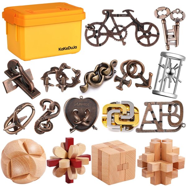 Brain Teaser Puzzles for Adults Disentanglement Puzzles Metal Wooden Brain Teaser Puzzle 16pcs Logic Metal Puzzle for Adult Kid Toy Lock Puzzles Gift for Adults Teenagers