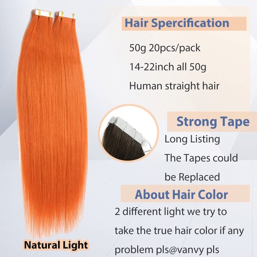 20Inch Orange Tape In Hair Extensions Human Hair Ginger Red Hair