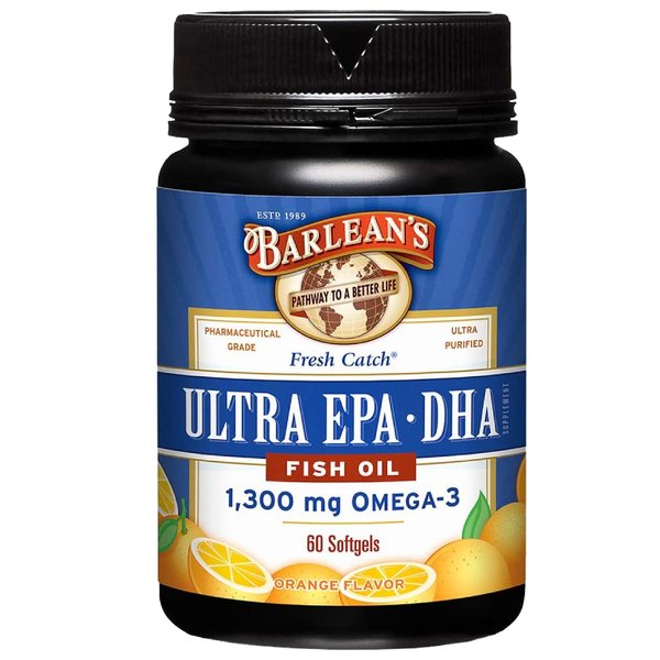 Barlean's Fish Oil Omega 3 Supplement, Ultra EPA DHA Fatty Acid Softgels for Joint, Brain, & Heart Health Supplements, 1000mg Orange Flavored Fish Oil Pills, 60 Count
