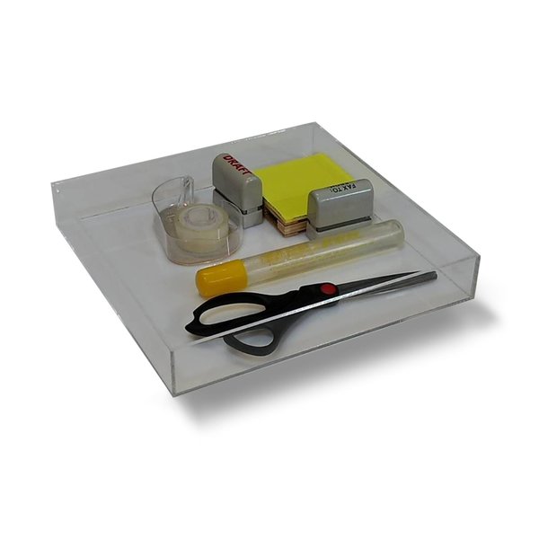 Office Supplies Desk Drawer Organizer for Scissors, Pens, Markers, Highlighters, Tape - 9.625" x 9.875" x 1.5", Clear (9.625" x 9.875" x 1.5")
