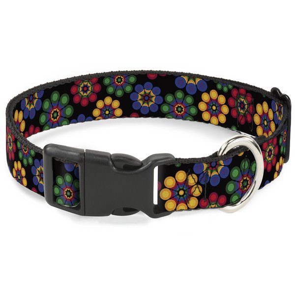 Buckle-Down Psychedelic Daisies Black/Multi Color Plastic Clip Collar, 1.5" Wide-Fits 16-23" Neck-Medium