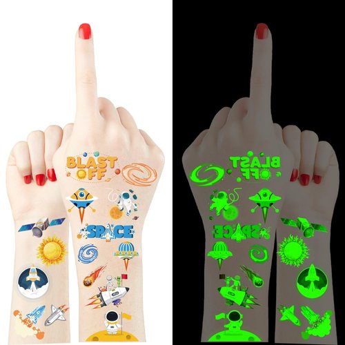 Crazy Night Luminous Space Tattoos for Kids -66 Styles, Space Themed Party Decorations,Glow Outer Space Party Supplies Favors,Astronaut Planets Rocket Ship Tattoos