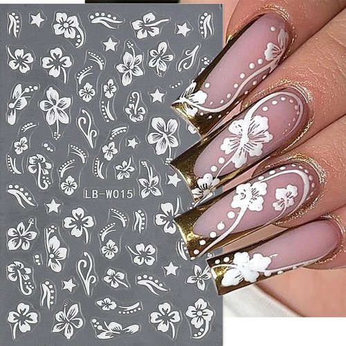 3D Hibiscus Flower Nail Stickers for Nail Art, Flowers Nail Art Stickers Self Adhesive Gold Pink White Nail Art Design Flowers Decals Pegatinas para Uñas Stickers for Women Nail Decoration 4Sheets