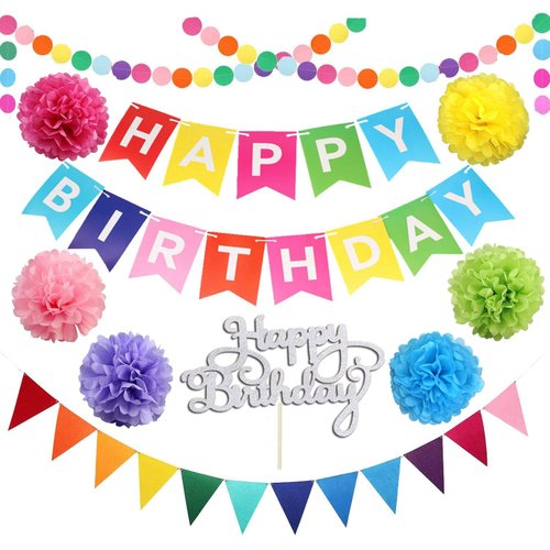 Happy Birthday Banner with Paper Pom Poms Cake Topper, Rainbow Happy Birthday Banner, Colorful Circle Paper Garland with Triangle Flags for Birthday Party Supplies, Happy Birthday Decorations
