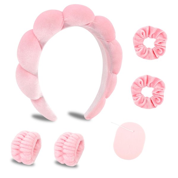 CAVETEE Makeup Headband for Women, Pink Skincare Headband for Washing Face, Cute Puffy Spa Headband with Wristband Scrunchies and Soft Compressed Facial Sponges for Women Girl…