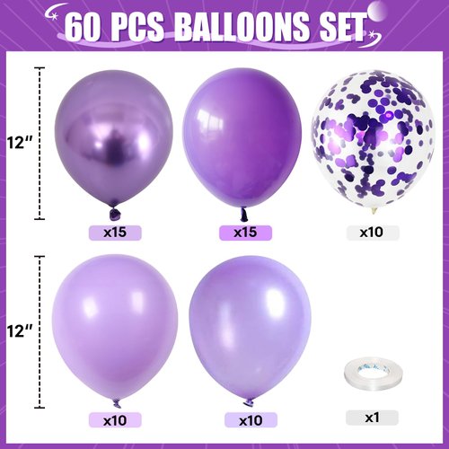 Purple Mixed Balloons, 60 PCS 12inch Lavender Balloons Metallic Purple and Purple Confetti Latex Balloons for Girls Birthday Baby Shower Bridal Shower Wedding Party Decorations