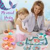 48pc Mermaid Tea Party Set for Little Girls,Birthday Gifts for Age 3 4 5 6 Year Old Girls,Pretend Tin Teapot, Cups, Plates,and Food Sweet Treats Playset for Princess Tea Time Play Kitchen Toys